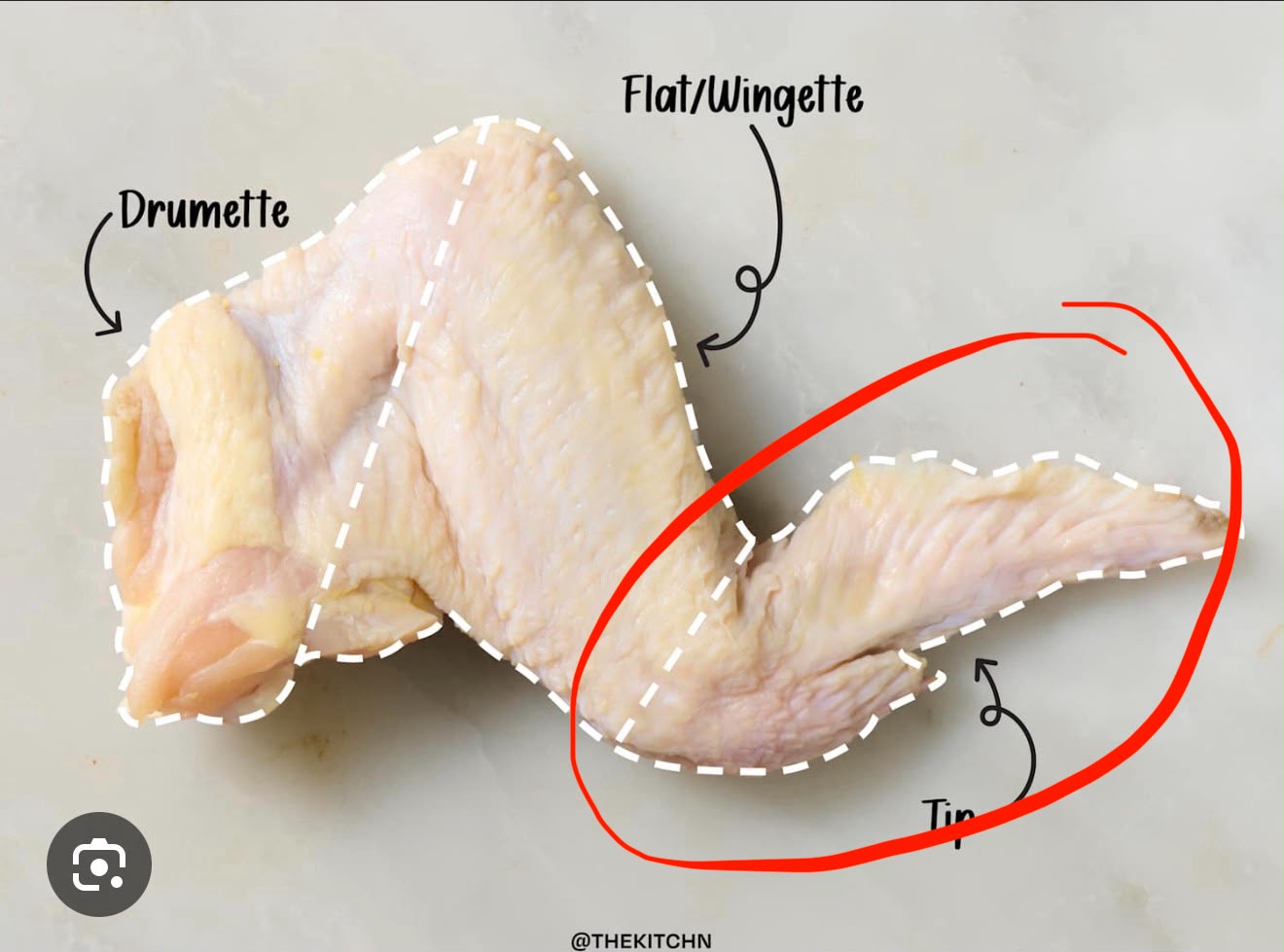 Chicken wing sections diagram showing drumette, flat wingette and tip cut - Meato Hub halal chicken UAE