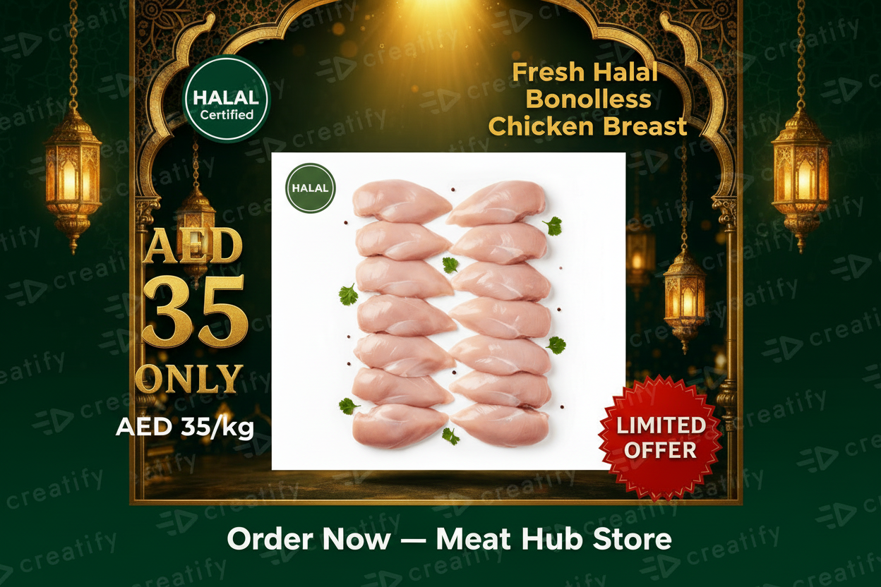 Fresh halal boneless chicken breast, lean cuts, Dubai UAE delivery