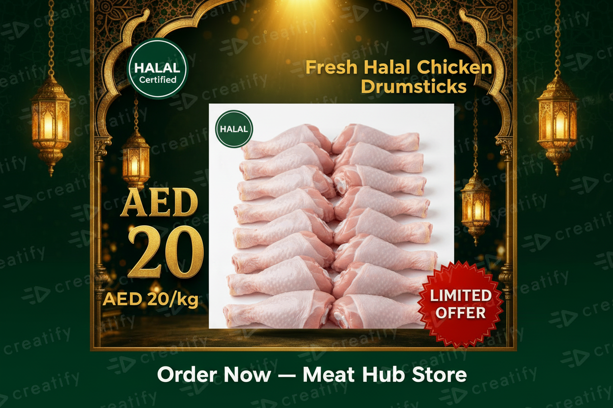 Fresh halal chicken drumsticks, butcher-cut, Dubai UAE delivery