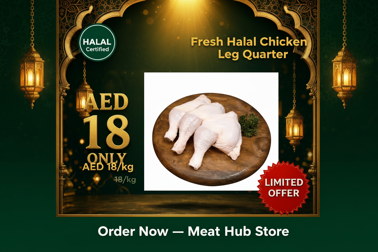 Fresh halal chicken leg quarters, meaty cut, Dubai UAE delivery
