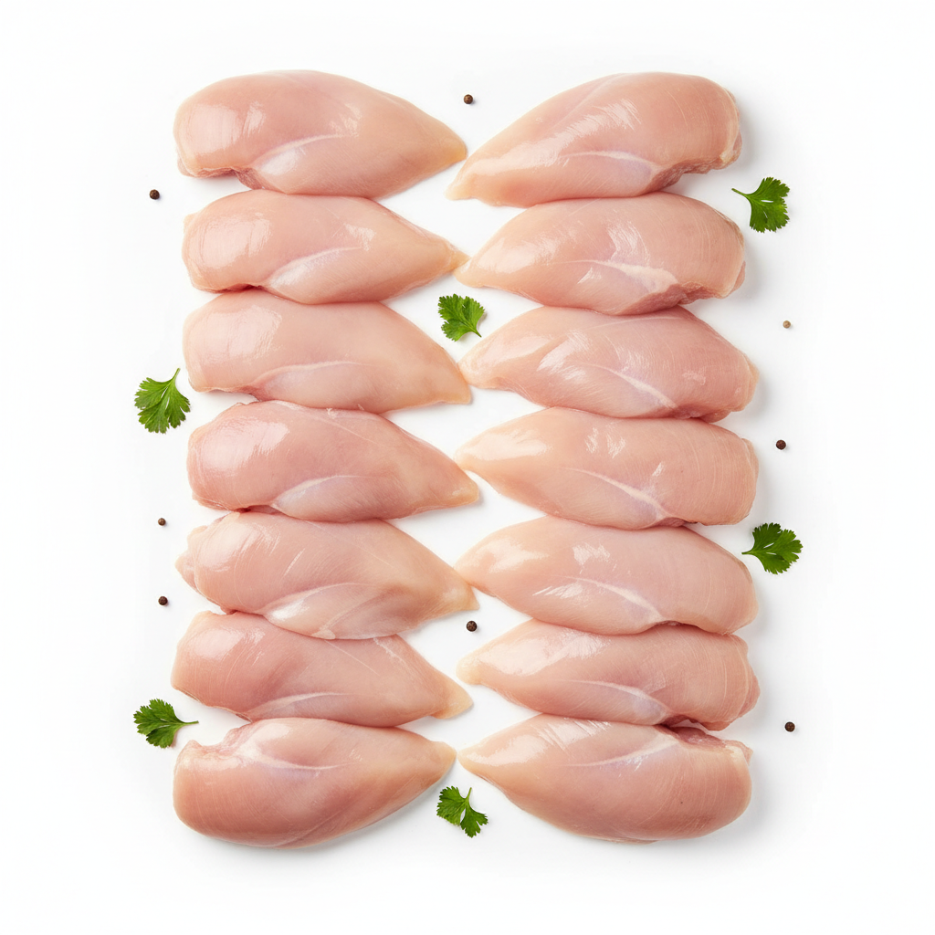 Fresh halal boneless chicken breast fillets on white background