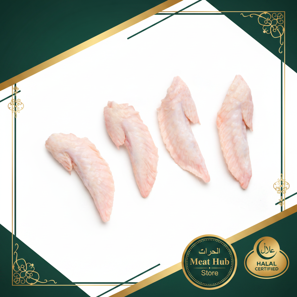 Fresh halal chicken wing tips with Meat Hub Store branding - premium quality, UAE delivery | Meato Hub