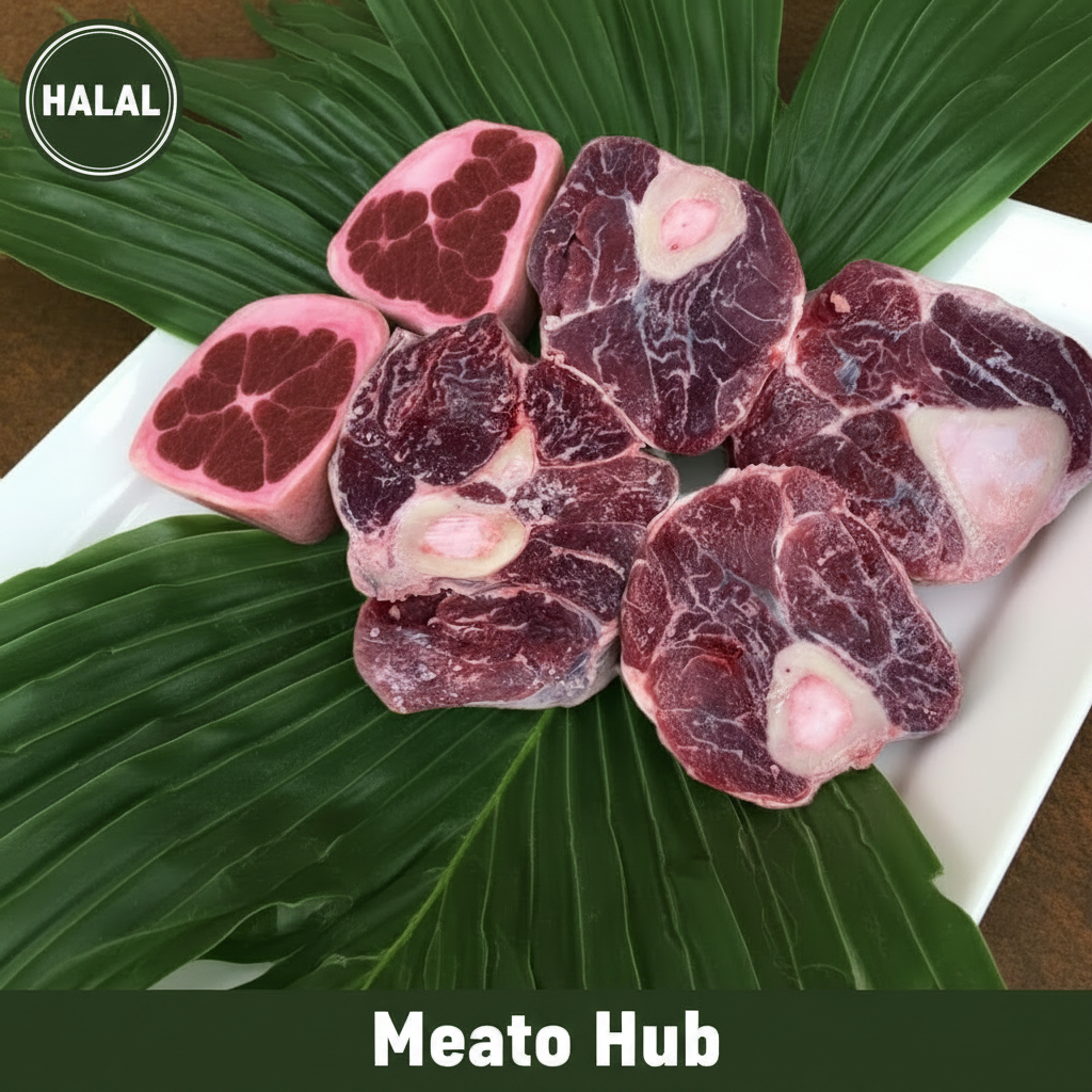 Fresh Halal Beef Shank Bone-In cuts displayed on green leaf styling — premium halal meat, UAE delivery by Meato Hub