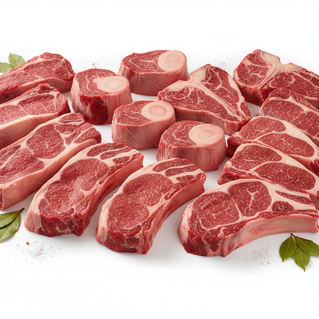 Fresh halal beef with bones on white background