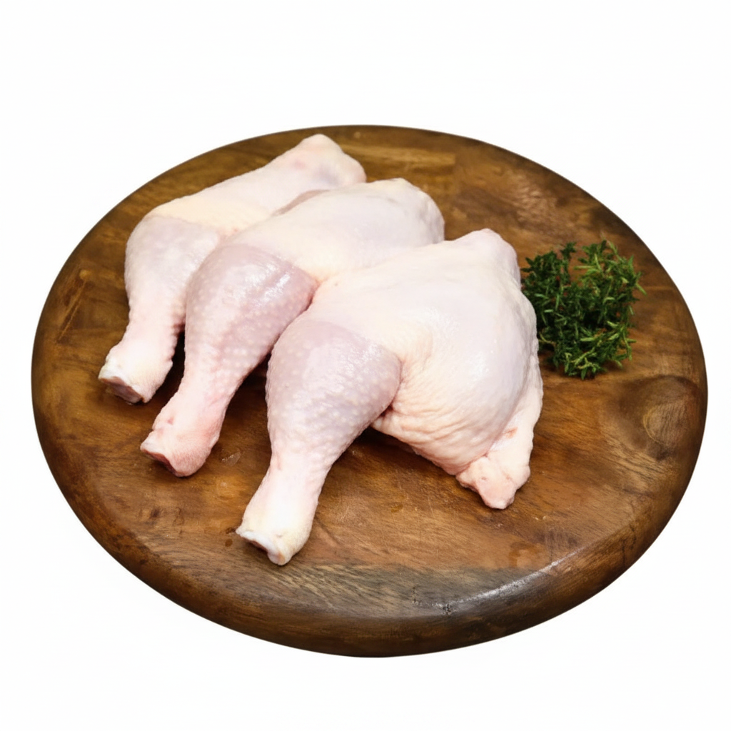 Fresh halal chicken leg quarters on wooden board with herbs