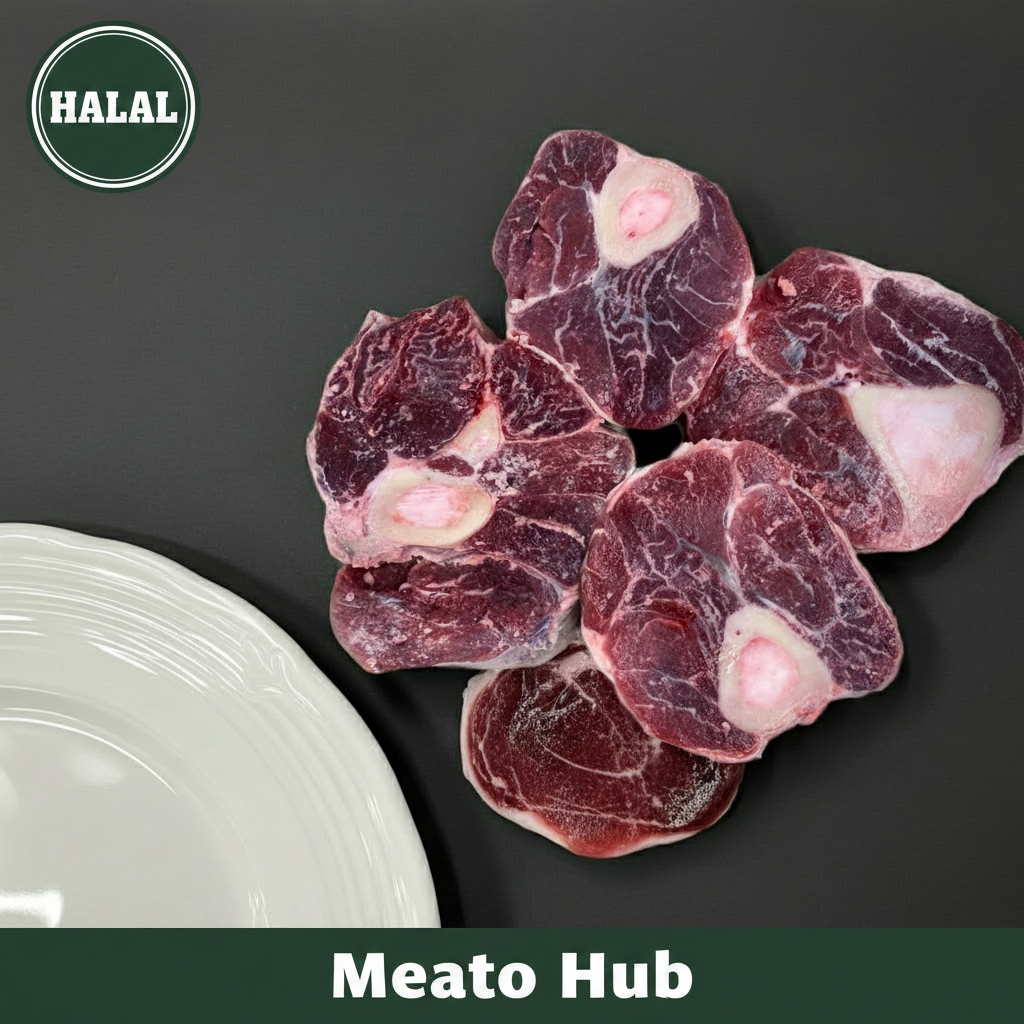 Fresh Halal Beef Shank Bone-In cross-cut pieces on dark background — 100% Halal certified, UAE delivery by Meato Hub